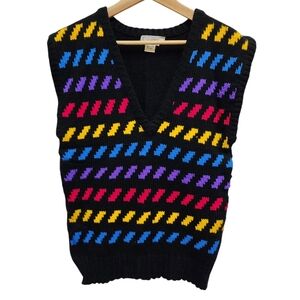 Vintage Caudrey Sweater Vest Womens Sz S Black Multicolor Geometric Knit V Neck